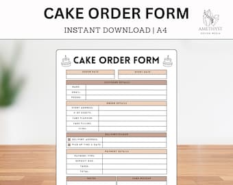 May include: A printable cake order form with sections for customer details, order details, delivery/pickup, payment details, notes, and a cake mockup. The form is designed in a light pink and brown color scheme with a cake icon at the top.
