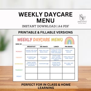 Daycare Weekly Menu | Daycare Meal Plan | Family Meal Planner | Home School | Homeschool Menu | Daycare Meal Menu | Fillable Pdf