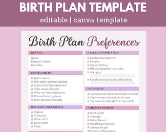 Editable Birth Plan | Birth Plan Canva | Visual Birth Plan | Visual Birth Preferences | Birth Plan Printable