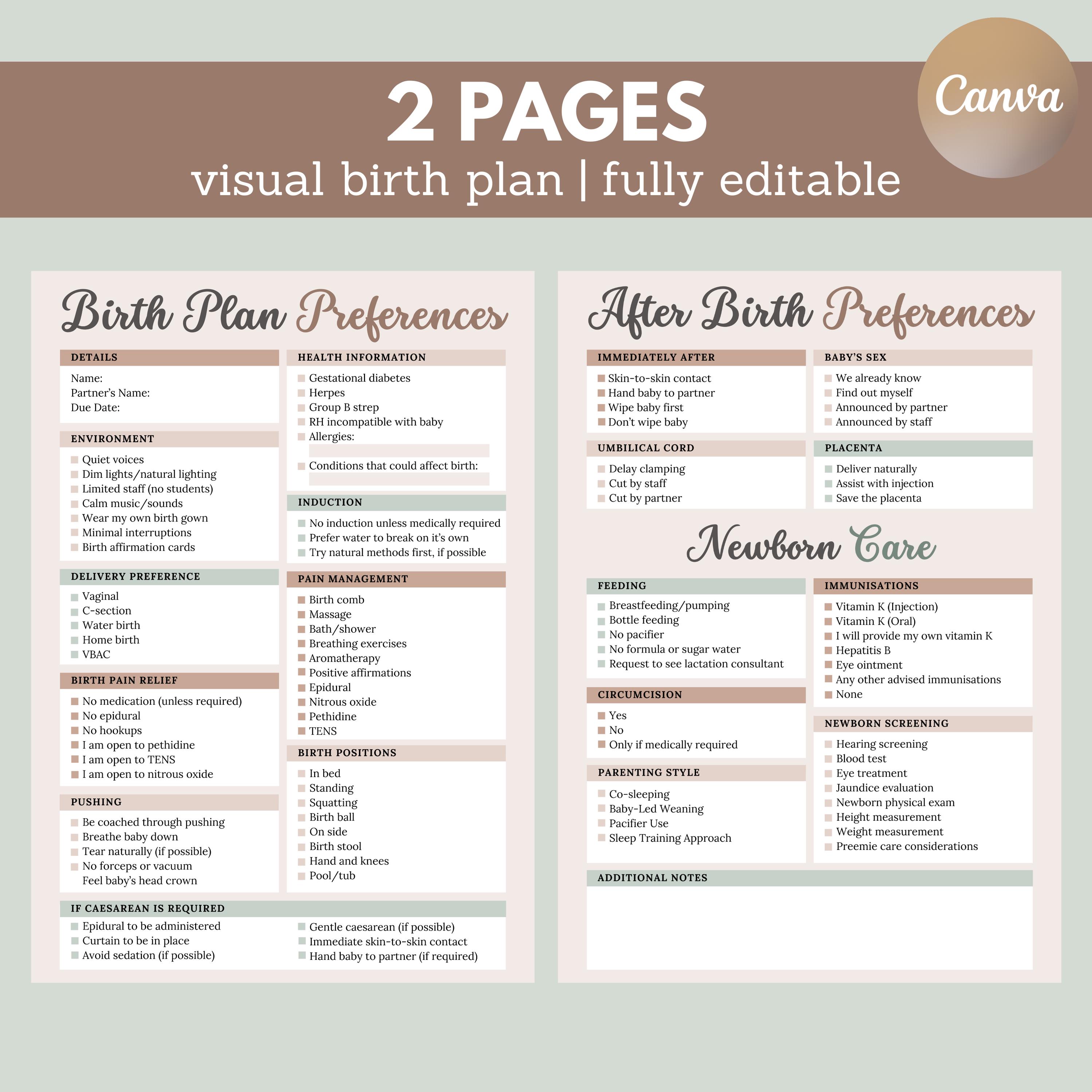 Editable Birth Plan Template | Visual Birth Plan | Labor & Delivery ...