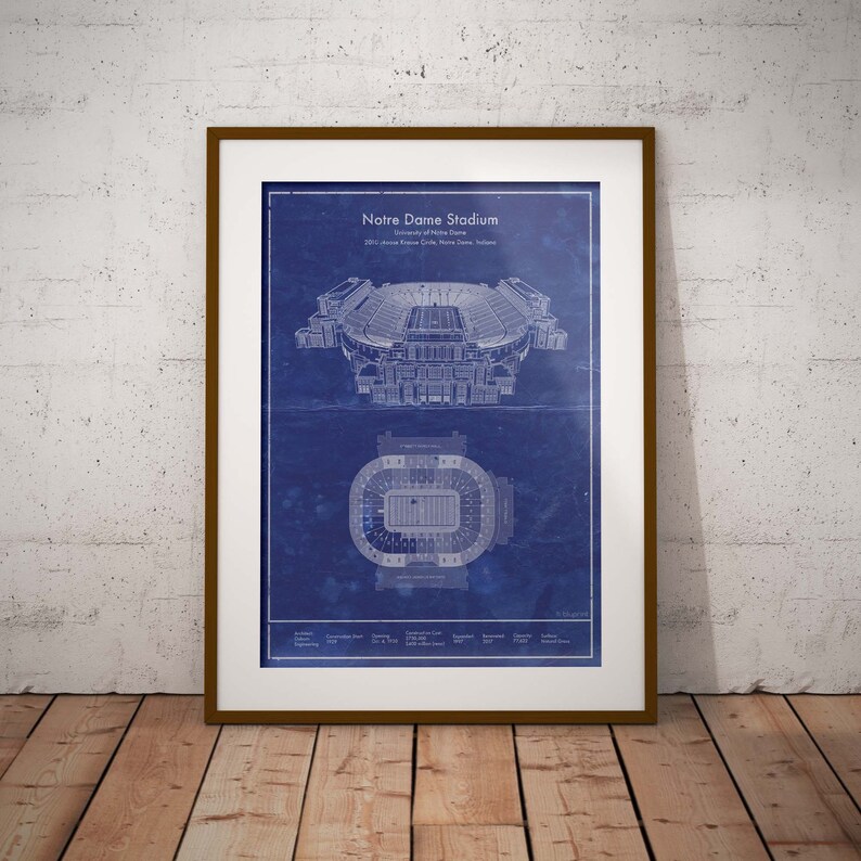 Notre Dame Stadium Blueprint Style Print