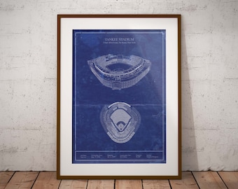 New York Yankee Stadium vintage styled baseball art. Sizes 5x7 to 24x36 framed prints and canvas. Blueprint wall decor christmas gifts.