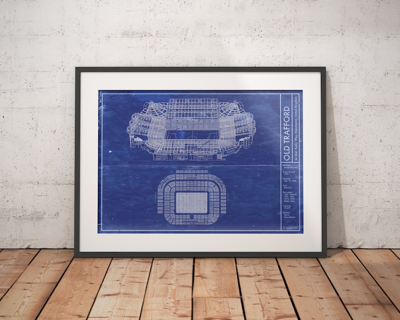 Manchester Old Trafford Stadium blueprint art. Sizes 5x7 to Etsy