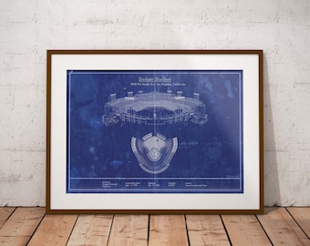 Los Angeles Dodger Stadium vintage style blueprint art. Sizes 5x7 to 24x36 framed prints and canvas. California baseball wall decor.