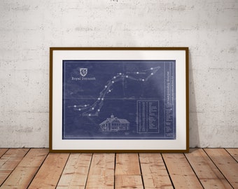 Championship Course at Royal Dornoch Golf Links blueprint art. Sizes 5x7 to 24x36 framed prints and canvas. Golf memorabilia and mens gifts.