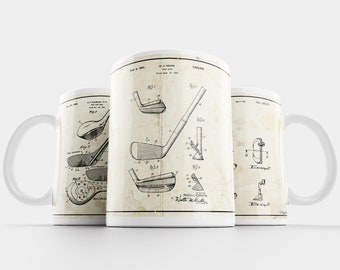 Vintage Golf Club Patent art ceramic coffee mug. Features 3 patent designs on single 11oz or 15oz dishwasher safe cup. Christmas Gift gift.