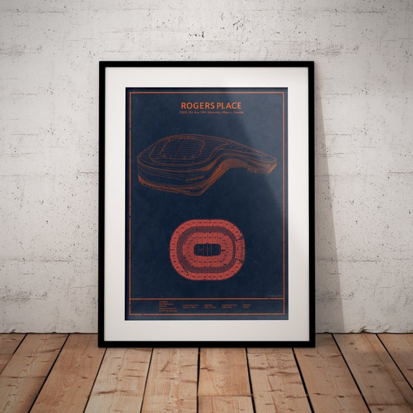 Edmonton Oilers Rogers Place Arena Blueprint. Vintage NHL Hockey Art and wall decor. Great gift for Alberta hockey fan.