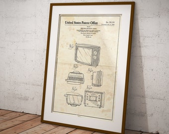 Vintage Television patent style art. Sizes 5x7 to 24x36 framed prints and canvas. TV family room bedroom office or den wall decor.