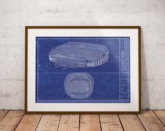 Barcelona Camp Nou Stadium blueprint art. Sizes 5x7 to 24x36 framed prints with canvas. Spanish Liga soccer football & sports gifts for men.