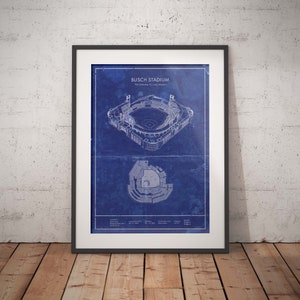 St. Louis Busch Stadium vintage blueprint art. Sizes 5x7 to 24x36 framed prints with canvas. Pro baseball wall decor and christmas gift.