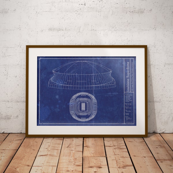 Louisiana Superdome Stadium Football Art - Vintage New Orleans Blueprint decor and fathers day gift.