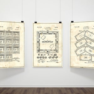 Set of 3 Vintage Board Game patent style art prints. 5x7 to 24x36 sizes. Home office, den and game room wall decor. Gamer gift.