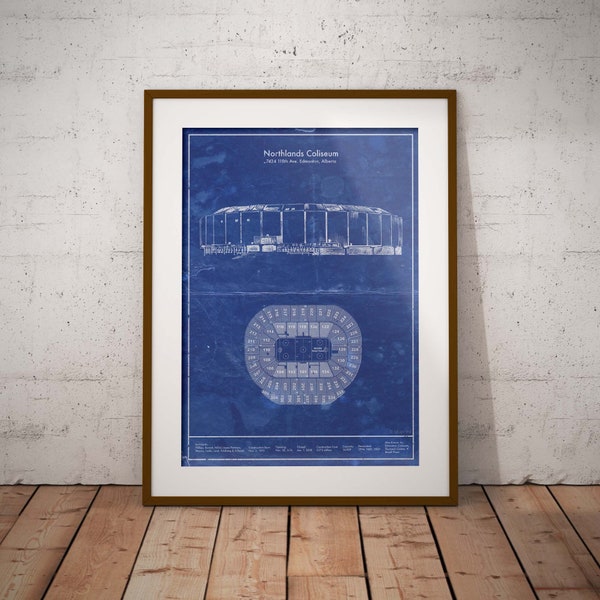 Edmonton Northlands Coliseum blueprint art. Sizes 5x7 to 24x36 framed prints with canvas. Rexall Place sports memorabilia and gifts for him.