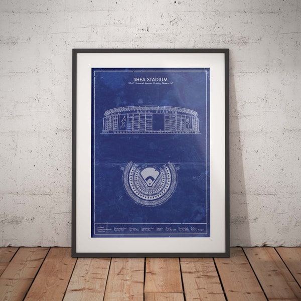 New York Shea Stadium vintage style blueprint art. Sizes 5x7 to 24x36 framed prints with canvas. Pro baseball wall decor and christmas gift.