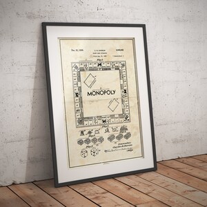 Vintage Board Game patent style art. Sizes 5x7 to 24x36 framed prints with canvas. Home office, den and games room wall decor. Gamer gift.