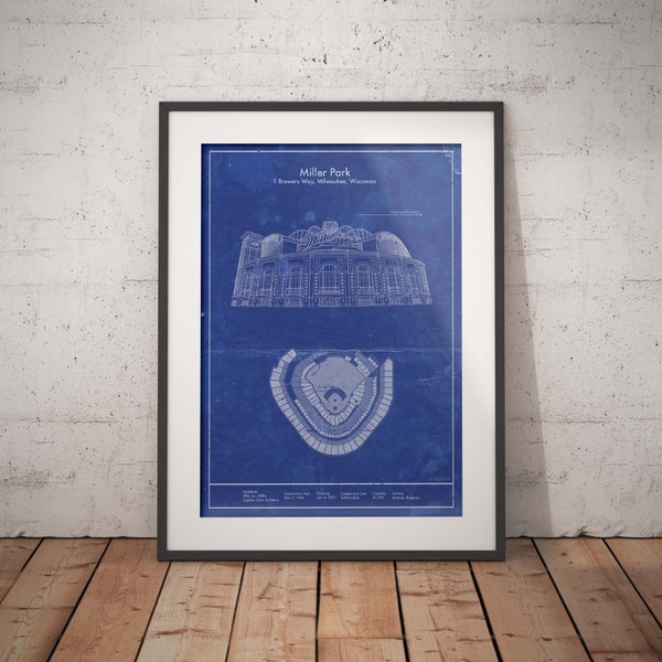 Milwaukee Brewers Miller Park vintage style blueprint art. Sizes 5x7 to 24x36 framed prints and canvas. Baseball wall decor & gifts for men.
