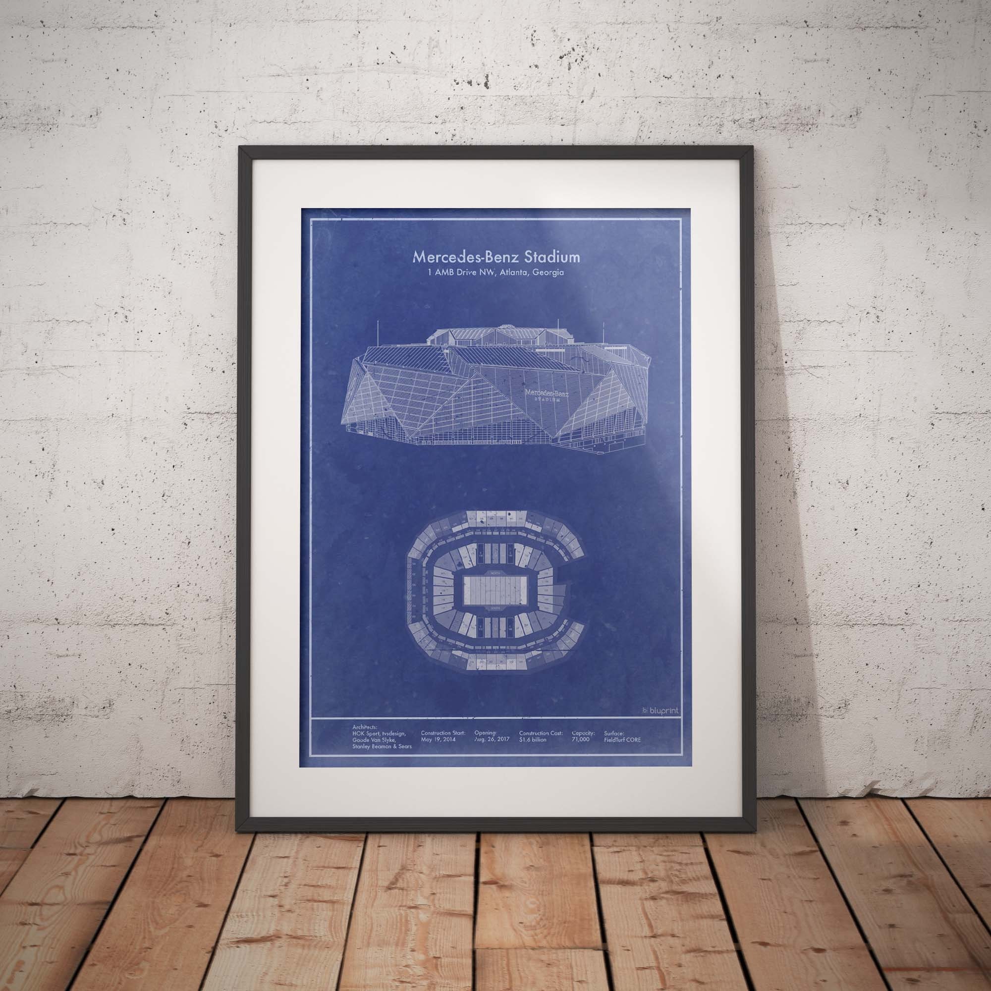 Atlanta Mercedes-Benz Stadium vintage blueprint art print. 5x7