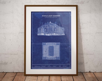 Toronto Maple Leaf Gardens Hockey art. Sizes 5x7 to 24x36 framed prints with canvas. Blueprint sports memorabilia and christmas gift.