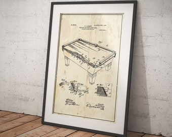 Vintage Pool Billiards table patent style art. Sizes 5x7 to 24x36 framed prints and canvas. Home office, den and games room wall decor.