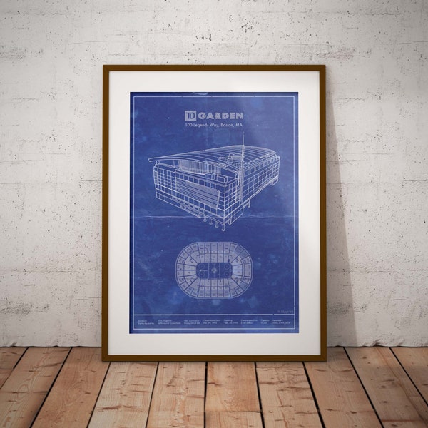 Boston TD Garden blueprint art. Sizes 5x7 to 24x36 framed prints with canvas. Pro hockey sports memorabilia and gifts for him.