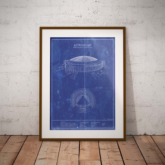 Houston Astrodome Vintage Styled Blueprint Art. Sizes 5x7 to 24x36