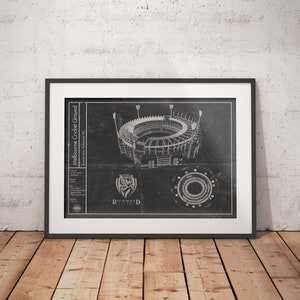 Richmond Tigers Melbourne Cricket Ground blueprint art. Size 5x7 to 24x36 framed prints with canvas. Australian Rules Football gift for men.