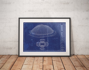 May include: A blueprint style print of the Civic Arena in Pittsburgh, Pennsylvania. The print shows the exterior and interior layout of the arena. The print is on a blue background with white lines.
