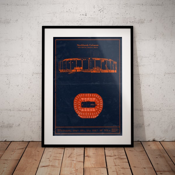 Edmonton Northlands Coliseum blueprint art. Sizes 5x7 to 24x36 framed prints with canvas. Rexall Place sports memorabilia and gifts for him.