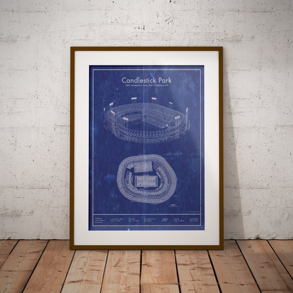 San Francisco Candlestick Park Stadium vintage blueprint art print. 5x7 to 24x36 print and canvas. California Football christmas gift.