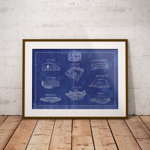 Stadiums of Detroit blueprint art.  Joe Louis, Little Caesars, Tiger Stadium, Ford Field, Comerica Park, Pontiac Silverdome wall art.