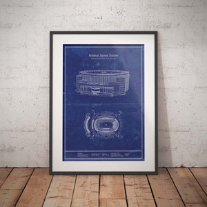 New York Madison Square Garden MSG blueprint. Sizes 5x7 to 24x36 framed prints and canvas. NHL hockey sports memorabilia and christmas gift.