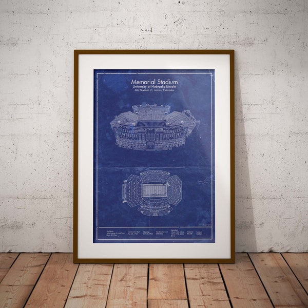 Nebraska Cornhuskers Memorial Stadium vintage style blueprint - College football print