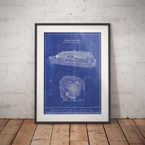 Texas Rangers Globe Life Park Blueprint - Vintage Arlington Baseball Decor and christmas gifts for him.