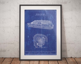 Texas Rangers Globe Life Park Blueprint - Vintage Arlington Baseball Decor and christmas gifts for him.