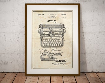 Vintage Typewriter patent style art. Sizes 5x7 to 24x36 framed prints and canvas. Retro home office and writers room wall decore.