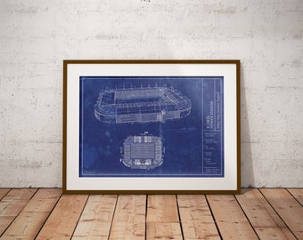 Leicester City King Power Stadium blueprint art. Sizes 5x7 to 24x36 framed prints and canvas. LCFC soccer football and sports gifts for men.