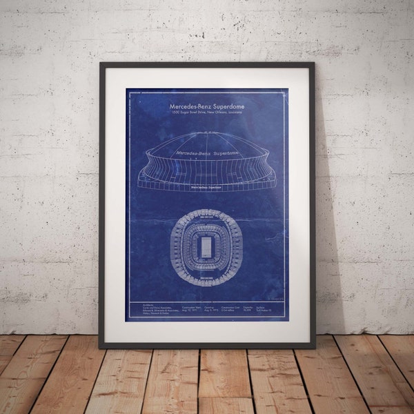 Mercedez-Benz Superdome vintage styled blueprint art print. 5x7 to 24x36 print and canvas. New Orleans Louisiana Football christmas gift.