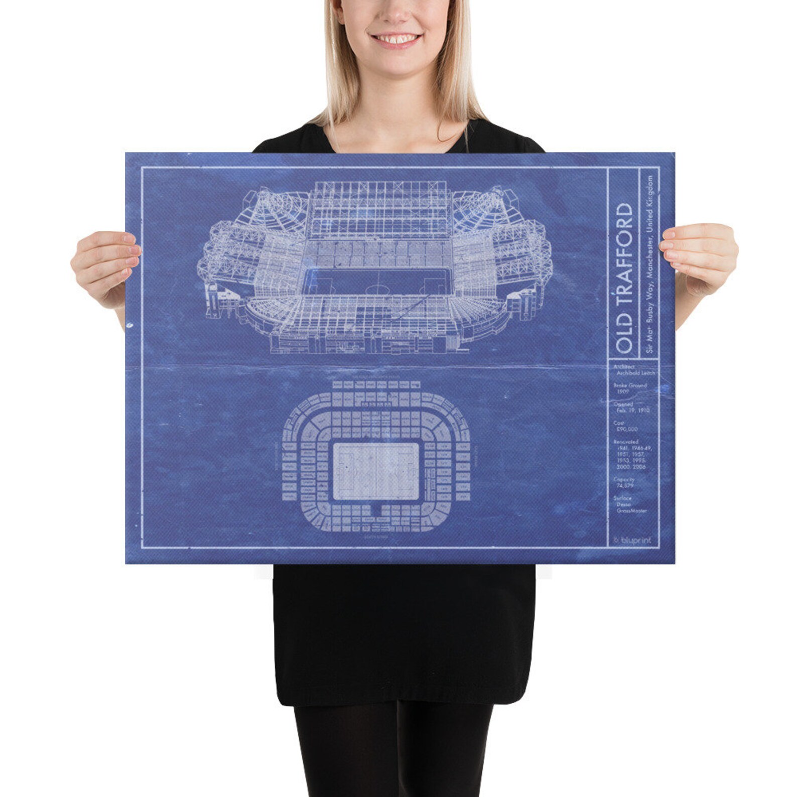 Manchester Old Trafford Stadium blueprint art print. 5x7 a Etsy