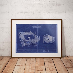 Boston Fenway Park Stadium vintage style blueprint art. Sizes 5x7 to 24x36 framed prints and canvas. Baseball wall decor and christmas gift.