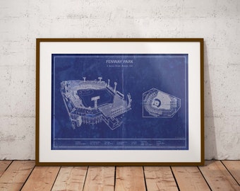 Boston Fenway Park Stadium vintage style blueprint art. Sizes 5x7 to 24x36 framed prints and canvas. Baseball wall decor and christmas gift.