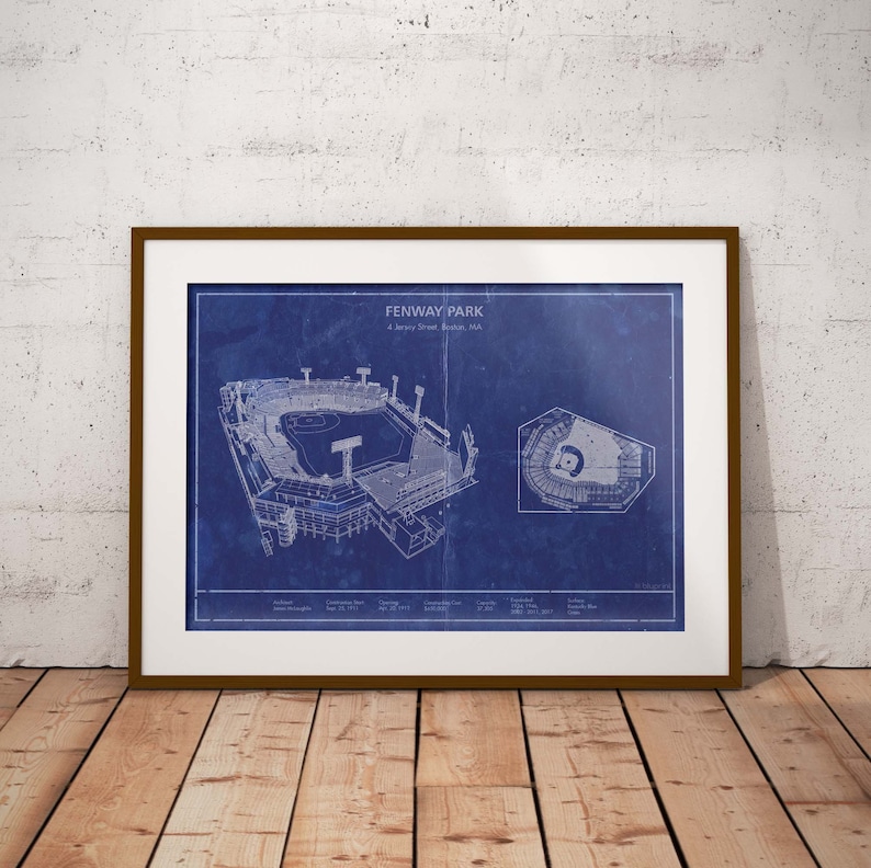 Boston Fenway Park Stadium vintage style blueprint art. Sizes image 1