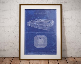 Santiago Bernabéu Stadium blueprint art. Sizes 5x7 to 24x36 framed prints and canvas. Madrid Spain soccer football and sports gifts for men.