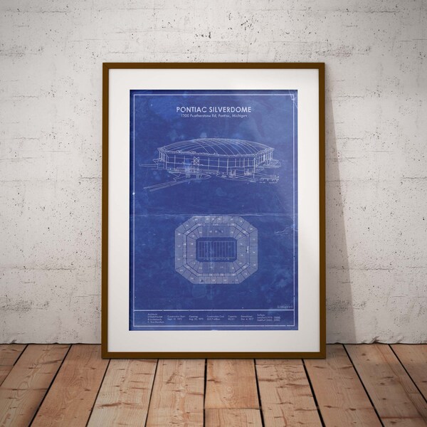 Detroit Pontiac Silverdome Stadium blueprint art print. Size 5x7 to 24x36 prints and canvas. Football sports memorabilia and christmas gift.