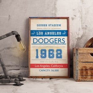 Los Angeles Dodger Stadium subway style art. Sizes 5x7 to 24x36 framed prints and canvas. Baseball memorabilia and christmas gifts for him.