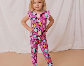 Boutique Bamboo Toddler Pajamas | Candy Shop Girls Ruffle Set | Luxury Kids Sleepwear | Cute Birthday Gift for Girls