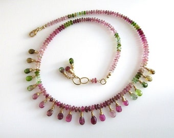 Tourmaline Red Pink Green Multicolored Bib Statement Necklace in 14 Karat Gold Fill Gift for her