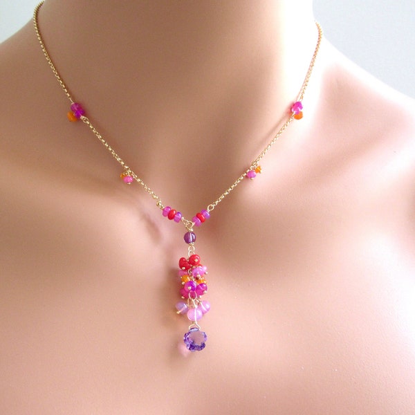 Multi Color Amethyst Coral and Ethiopian Opal Lariat Necklace in 14 Karat Gold Fill February October Birthstone Gift for Her