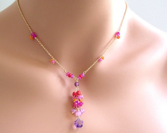 Multi Color Amethyst Coral and Ethiopian Opal Lariat Necklace in 14 Karat Gold Fill February October Birthstone Gift for Her