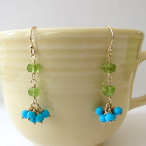 Peridot Turquoise Green Aqua Drop Earrings in 14 karat Gold Fill August Birthstone Gift for her