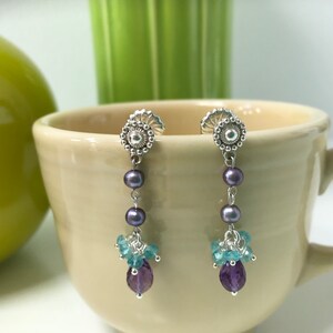 Amethyst, Apatite and Smoky Purple Freshwater Gemstone Sterling Silver Drop Earring